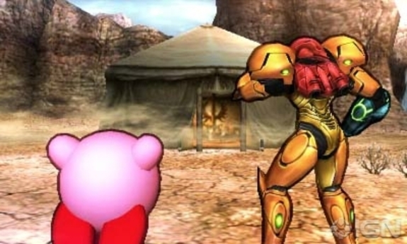 Gerudo Valley is one of the best new stages in this iteration of Smash Bros. - here, Samus and Kirby seem to have discovered the carpenters' tent.