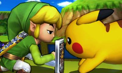 Toon Link is either wary or duly unimpressed with Pikachu, who just seems fascinated by comparison.